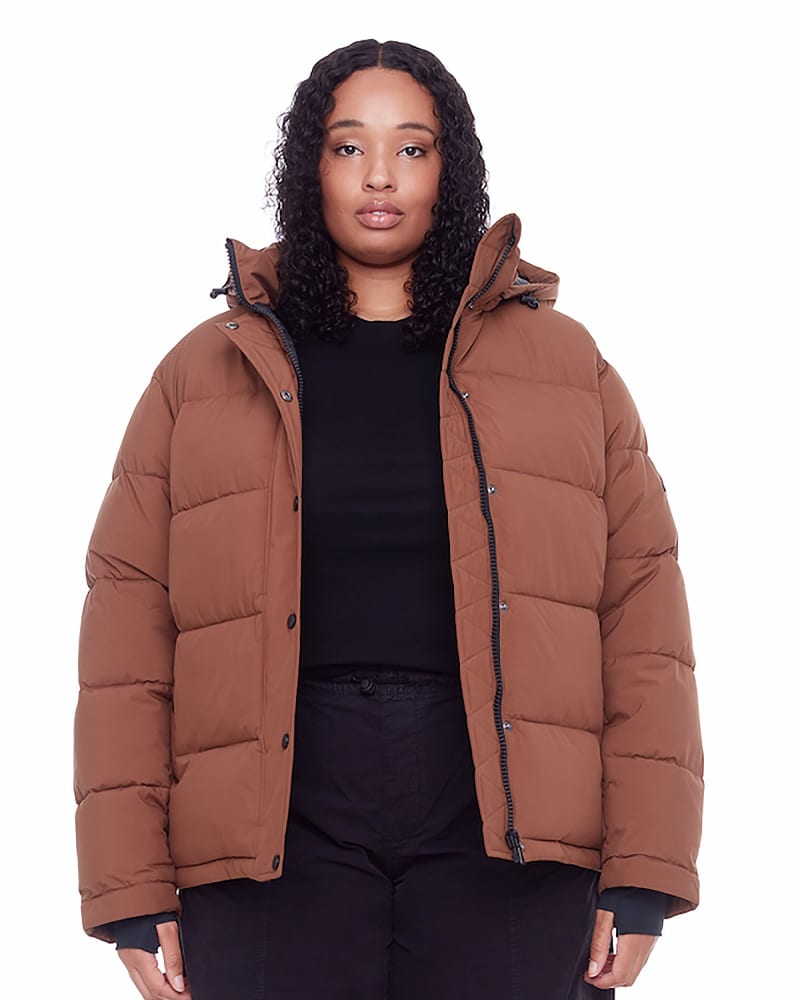 Front of a model wearing a size 3X Women's Plus Size - FORILLON | Vegan Down Recycled Short Quilted Puffer Jacket in Maple by Alpine North. | dia_product_style_image_id:320660